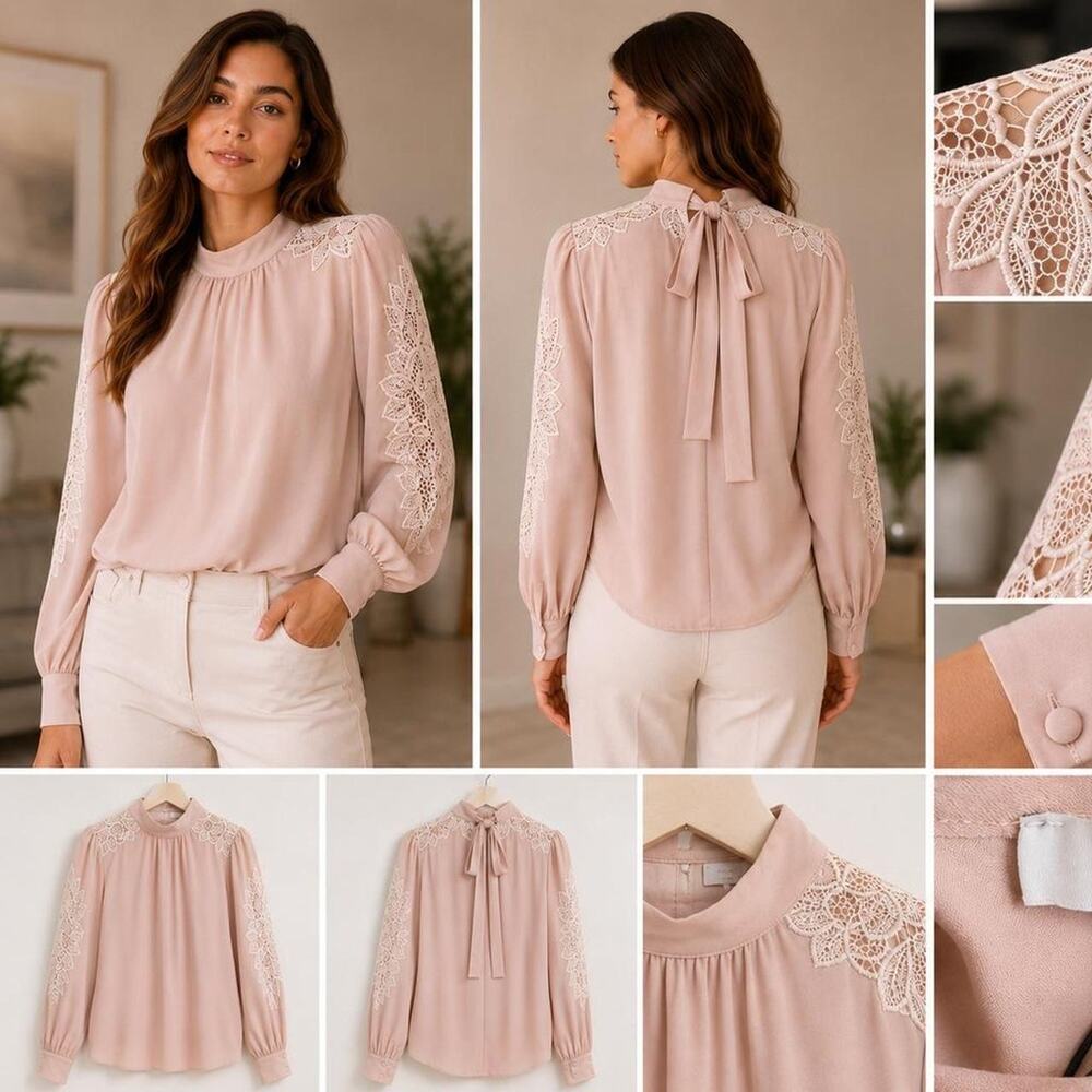 Reiss morgan high neck lace blouse, blush, pink size US 2